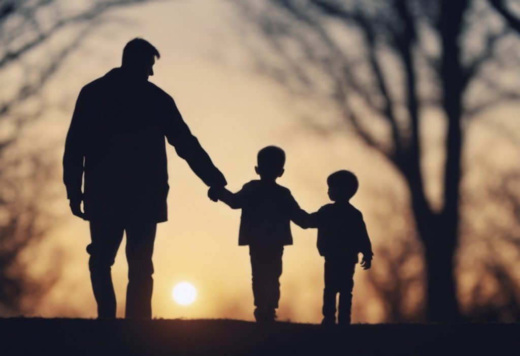 Silhouette of father holding two children during sunset
